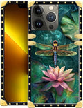 Compatible with iPhone 13 Pro Max Case, Colourful Dragonfly Pink Lily Pads Luxury Golden Decoration for Girl Women Soft TPU Shockproof Protective Hard PC Back for iPhone 13 Pro Max