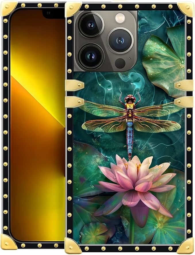 Compatible with iPhone 13 Pro Max Case, Colourful Dragonfly Pink Lily Pads Luxury Golden Decoration for Girl Women Soft TPU Shockproof Protective Hard PC Back for iPhone 13 Pro Max