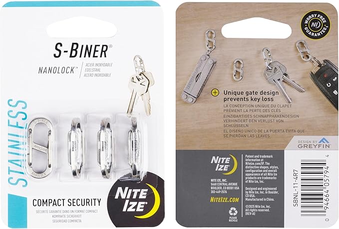 Nite Ize S-Biner NanoLock - Mini Stainless Steel Carabiner for Compact Security - Features Narrow Openings & Dual Spring Gates - Organize & Secure Keys with Ease - 4 Pack