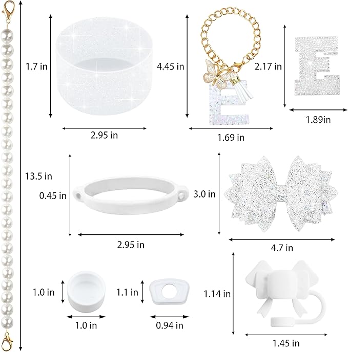9PCS White for Stanley Cup Accessories Set Bling Initials Bow Charms for Stanley Decorations 30/40 Oz Tumbler Accessories Including Bow Straw Topper, Handle Strap, Spill Stopper（Letter E）