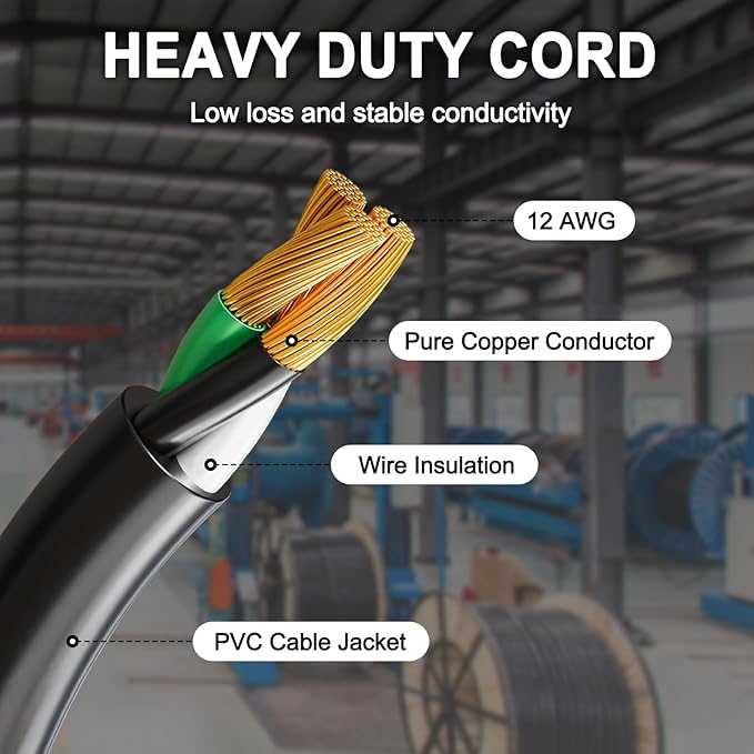 6FT 12/3 Outdoor Extension Cord with Multiple Outlets 12 Gauge 3 Outlet Heavy Duty Power Cord Splitter Flexible 3 Way Power Cable Waterproof 12AWG 15A 1875W SJTW,ETL Listed