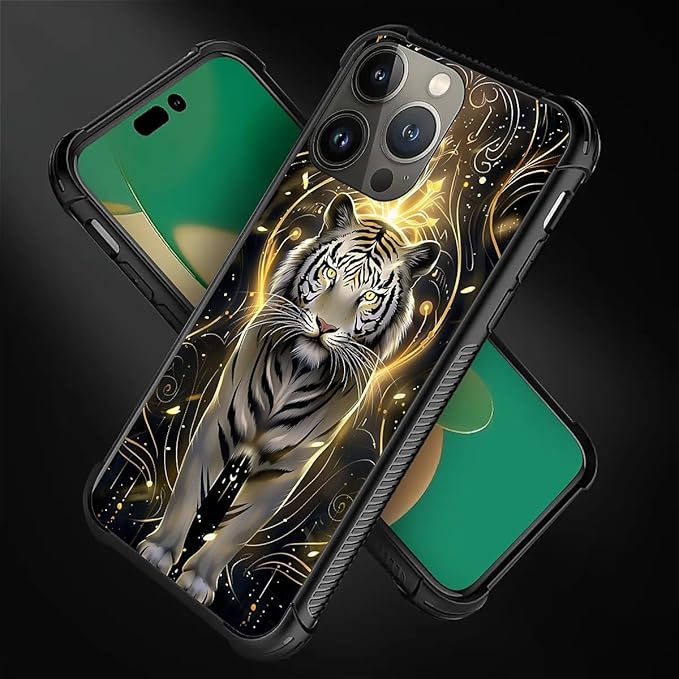 for iPhone 13 Pro Case, White Tiger Golden Mystery Pattern Graphic Design Girl Boy Soft Silicone Hard Acrylic Shock Protection for iPhone 13 Pro