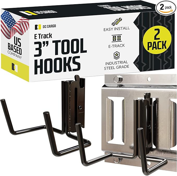 DC Cargo Mall Dual Arm Tool Hook Hanger E Track Accessories 3" Deep (2 Pack) - Garage Wall Mount, Truck, Enclosed Trailer, Storage System
