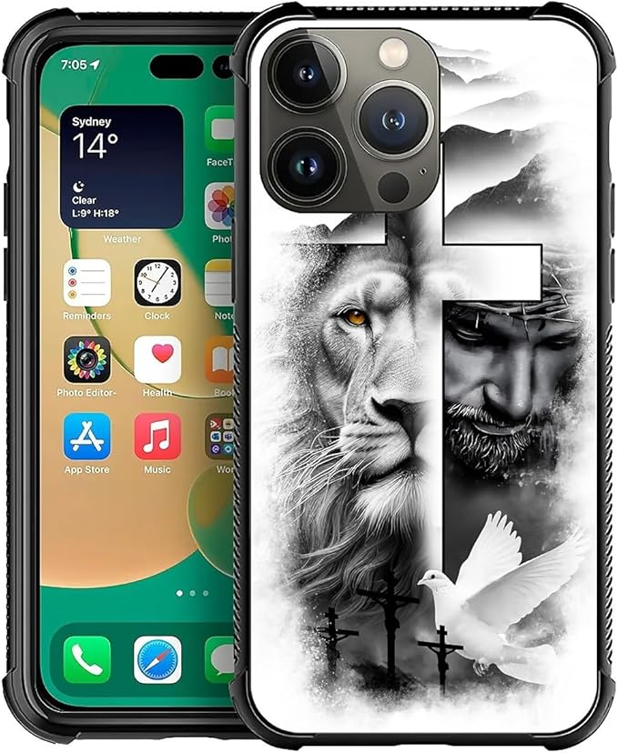for iPhone 12 Pro Max Case, Lion Cross Jesus Christ Dove Pattern Graphic Design Girl Boy Soft Silicone Hard Acrylic Shock Protection for iPhone 12 Pro Max