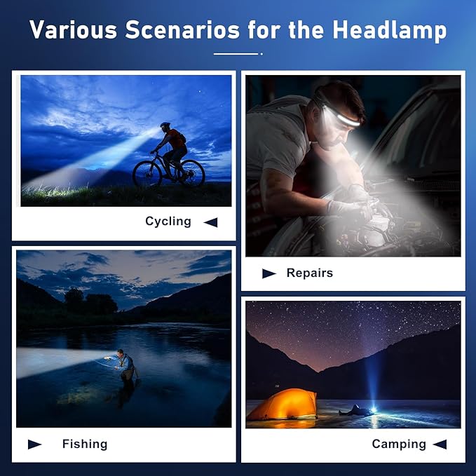 Headlamp Rechargeable LED (2 Pack) 230° Wide Beam, USB-C Lightweight Head Lamp, Long Runtime, Water-Resistant for Camping, Hiking, Running, Fishing, Repair Work