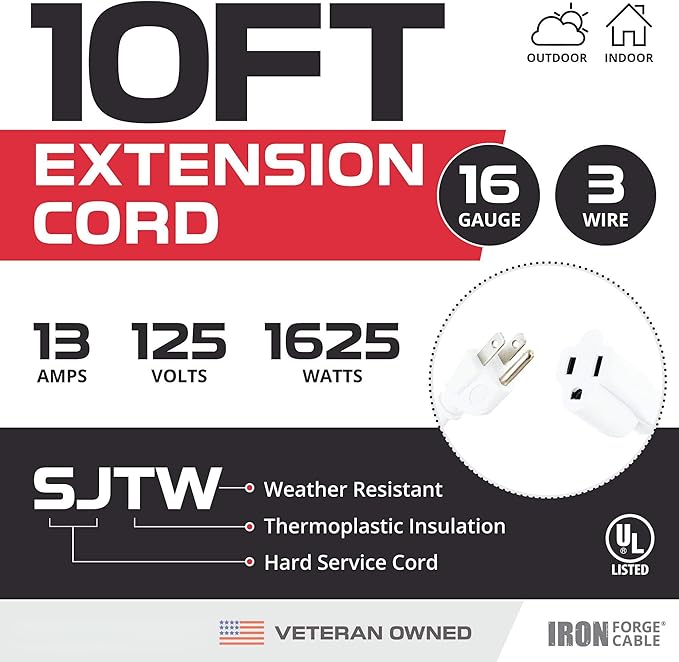 Iron Forge Cable Weatherproof 2 Pack 10 Ft Outdoor Extension Cord - 16/3 SJTW Heavy Duty White Extension Cord 3 Prong - 13 Amp Exterior Power Cable