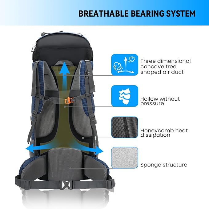 Bseash 80L Waterproof Hiking Camping Backpack with Rain Cover, Lightweight Outdoor Sport Travel Daypack for Climbing Touring (Navy Blue)