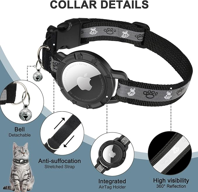 Reflective AirTag Cat Collar, Integrated Cat Tracker Collar with Air Tag Holder and Bell, Safety Elastic Band Cat GPS Collars for Girl Boy Cats, Kittens and Puppies (Black, S)