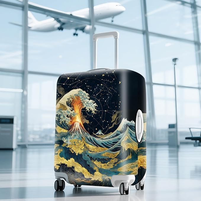ANNA QUEEN Ocean Waves Travel Luggage Cover -Stretchable Airplane Suitcase Protector Sleeve,Universal Washable Fit for 20-26 Inch Checked Baggage,Water Resistant Durable Luggage Protector,M