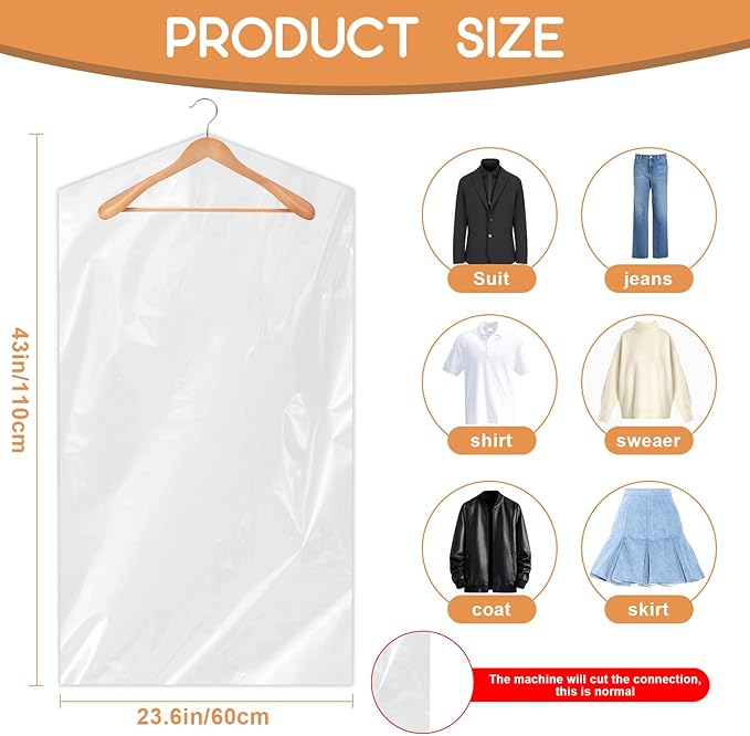 90 PCS Dry Cleaner Bags Plastic Clear 43 Inches,Garment Bags for Hanging Clothes Plastic Garment Bags Clear Clothes Covers Dry Cleaner Bags Hanging Dust-proof(60x110cm)
