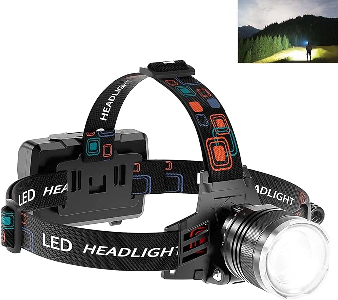 Rechargeable Headlamp Super Bright, 5 Modes Head Lamp for Forehead Zoomable, High Lumens Headlamp for Adults Waterproof, 90° Adjustable Head light & 9000mAh Long Runtime for Camping, Hunting, Hiking