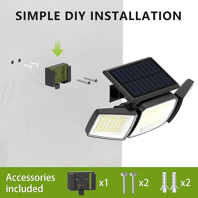 DAMINY Solar Security Light with Motion Sensor,Super Bright LED,Solar-Motion Lights Outdoor Waterproof,Easy Install,3 Heads 270°Wide Angle Flood Light with 3 Lighting Modes-2 Pack
