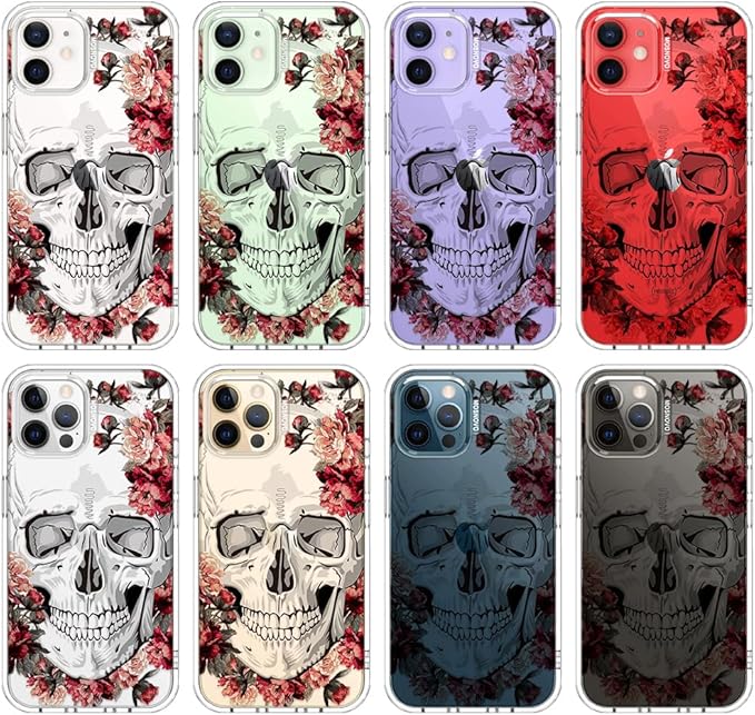 MOSNOVO Case for iPhone 12 & iPhone 12 Pro, [Buffertech 6.6ft Military-Grade Drop Protection] [Anti Peel Off Tech] Clear TPU Bumper Phone Case Cover Design - Red Flower Skull