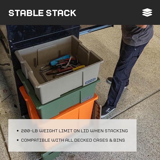 DECKED Payloader 32 L (3-Pack) - 75 lb Bin / 200 lb Lid Load Rated, Heavy-Duty Stackable Storage Bins, Fits Drawer System & Tool Box - Blaze Orange