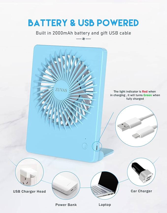 Zuvas Desk Fan Battery Operated Fan Rechargeable 180°Tilt Folding Personal Fan Ultra Quiet Small Portable 3 Speed Adjustable Strong Wind Fan For Office Bedroom Home Desktop Camping (Blue)