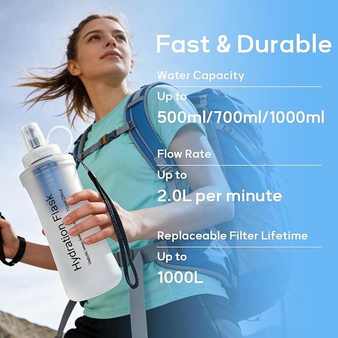 1L Soft Flask Water Bottle, Collapsible Water Bottle with Filter, Perfect for Hiking, Backpacking, and Camping - White