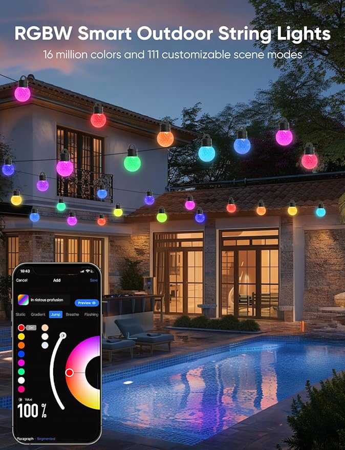 APPECK Outdoor String Lights 100ft, RGBW Color Changing Patio Lights with 50 Dimmable LED Bulbs, 111 Scene Modes, IP65 Waterproof Lighting for Outside, Party, Backyard, Pool, Compatible with Alexa