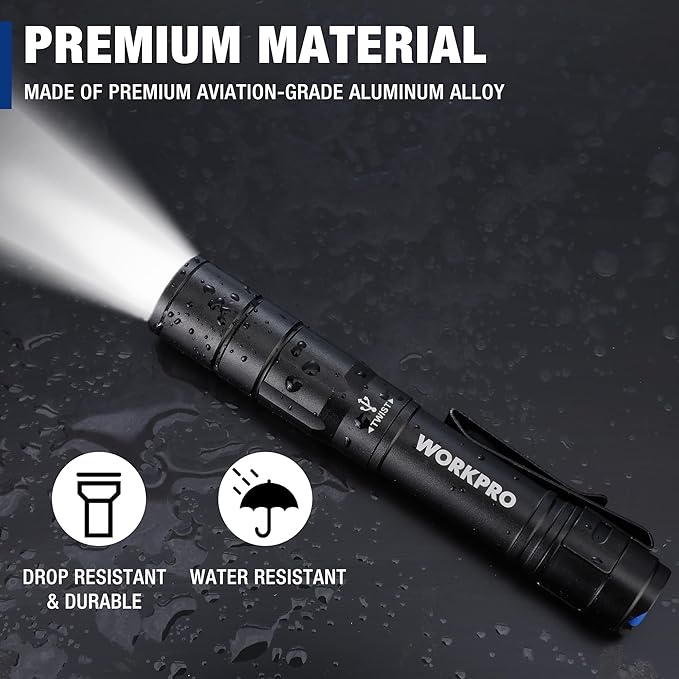 WORKPRO Rechargeable Pen Light, Mini Flashlight, 2 Pack Ultra-Compact EDC Flashlight, Pocket Flashlight with Clip, Memory Function and 2 x USB C Cable Included, Black