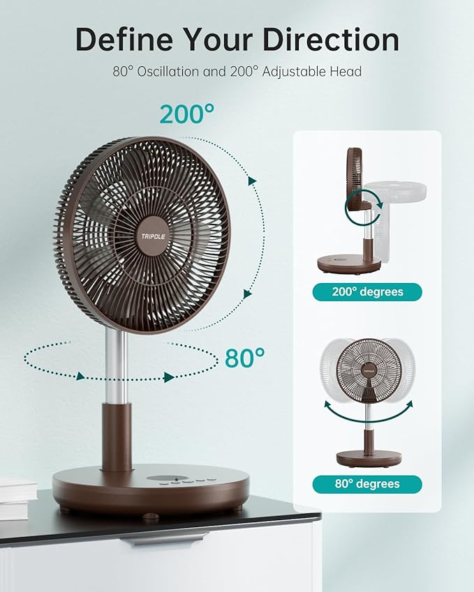 TriPole Foldable Standing Fan 12" Portable Rechargeable Battery Pedestal Fan with Remote, Timer Setting, Height Adjustable, for Home Office, 6 Speed, 12000mAh (Coffee)