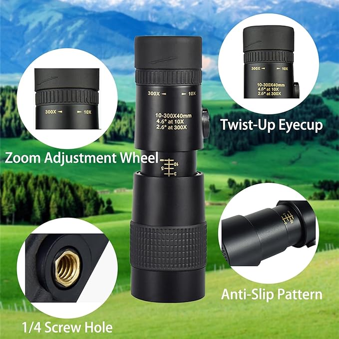 Monocular Telescope 10×300-40, KOMIRE Compatible for Mobile Phones Compact Monoculars with BAK4 High-Transparency Prism FMC Coating for Bird Watching Camping Hiking