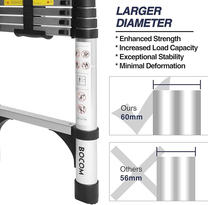 BOCOM 8.5 FT Aluminum Telescoping Ladder, Lightweight Multi-Purpose Collapsible Extension with 2 Triangle Stabilizers, Heavy Duty 330 lbs Max Capacity, Ideal for Home, RV, and Outdoor Work Silver
