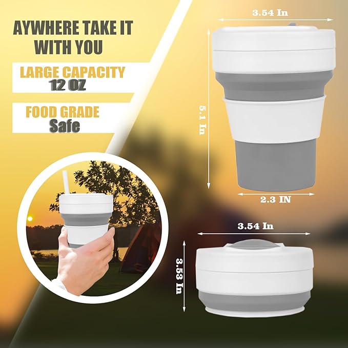 12 OZ Collapsible Travel Cup with Lid,Silicone Foldable Drinking Cup for Camping Hiking,Portable Silicone Water Bottle for Hot and Cold Beverages with Straw- Grey & White