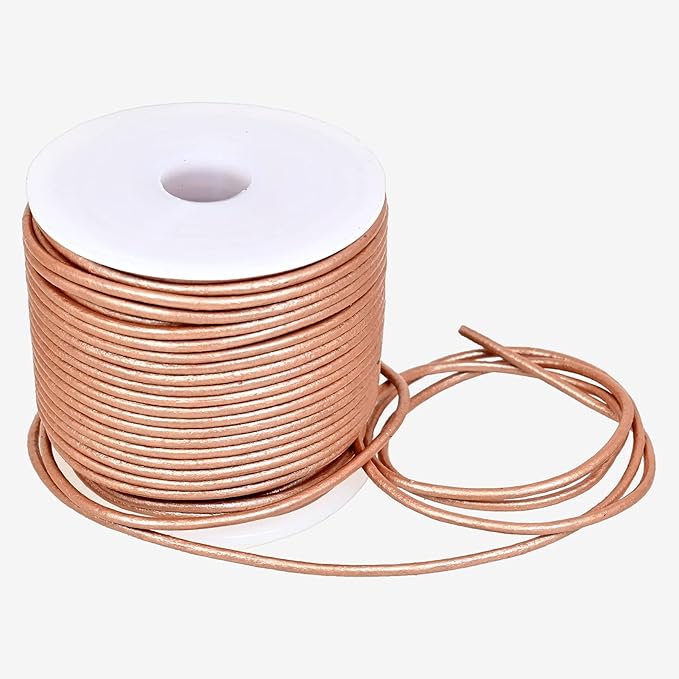 GENIQUE Real/Genuine Round Leather String Cord for Necklace, Bracelets, Jewelry, Kumihimo Braiding, DIY Projects (20 Metres) (1.5mm, Rose Gold Metallic)