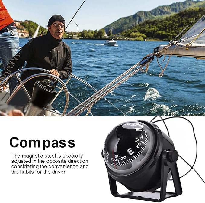 Car Compass Marine Dash Mount, LED Boat Compasses with Adjustable Mounting Bracket, Outdoor Marine Compass for Boats Cars 3.4 x 2.9 x 2.4IN