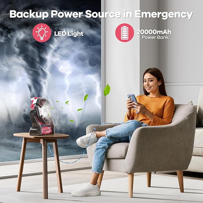DOWILLDO 20000mAh Portable Battery Powered Camping Fan - with LED Light, Quiet Battery Operated, Camping Gear for Travel, Tent, Beach, Car or Hurricane Power Outages, Pink