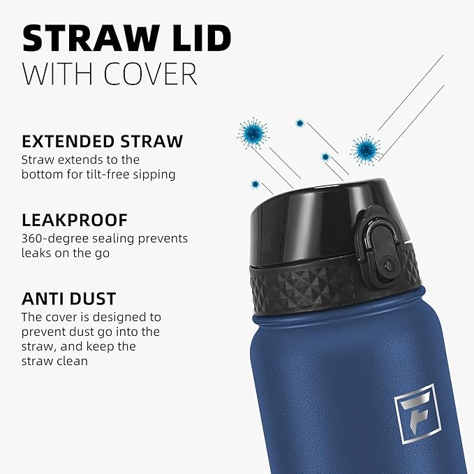 Fanhaw 32 oz Insulated Stainless Steel Water Bottle with Straw Lid, Leakproof Sports Bottle for Men, Women & Teens (Navy Blue)