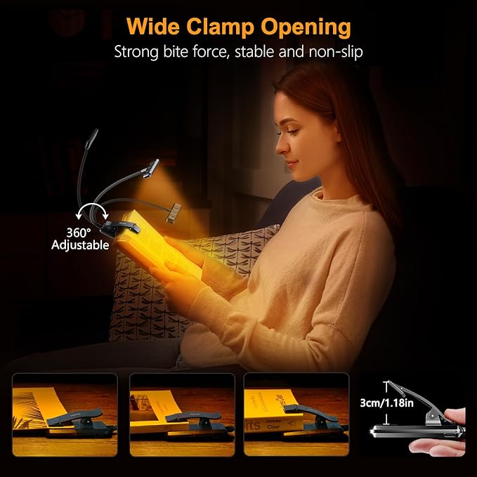 Gritin 2 Pack 19 LED Rechargeable Book Light for Reading in Bed with Memory Function-Eye Caring 3 Color Temperatures,Stepless Dimming Brightness,90 Hrs Runtime Clip on Light for Book Lovers