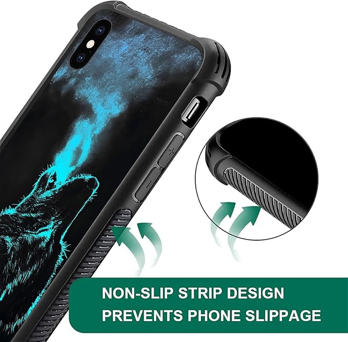 for iPhone Xs Max Case, Blue Breathing Wolf Pattern Graphic Design Girl Boy Soft Silicone Hard Acrylic Shock Protection for iPhone Xs Max