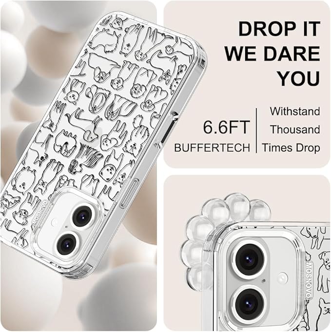 MOSNOVO Case for iPhone 16 Plus, [Buffertech 6.6ft Military-Grade Drop Protection] [Anti Peel Off Tech] Clear TPU Bumper Phone Case Cover Design - Doodle Dog