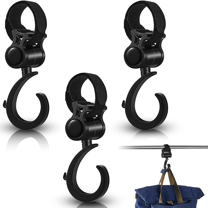 Taiyin 4 Pcs Walker Hook Hanging Multipurpose 360° Rotation Stroller Clip Diaper Bag Hanger for Walker Rollator Crutches Wheelchair Shopping Cart Car Back Seat Purses Bike Wheelchair Pushchair, Black