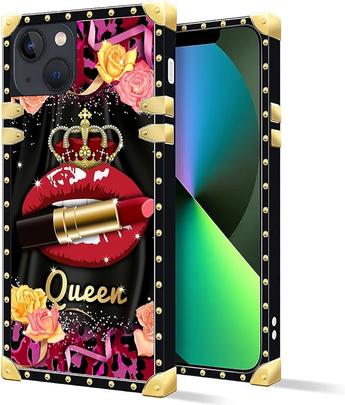 Compatible with iPhone 13 Case, Queen Lip Crown Leopard Print Luxury Golden Decoration for Girl Women Soft TPU Shockproof Protective Hard PC Back for iPhone 13