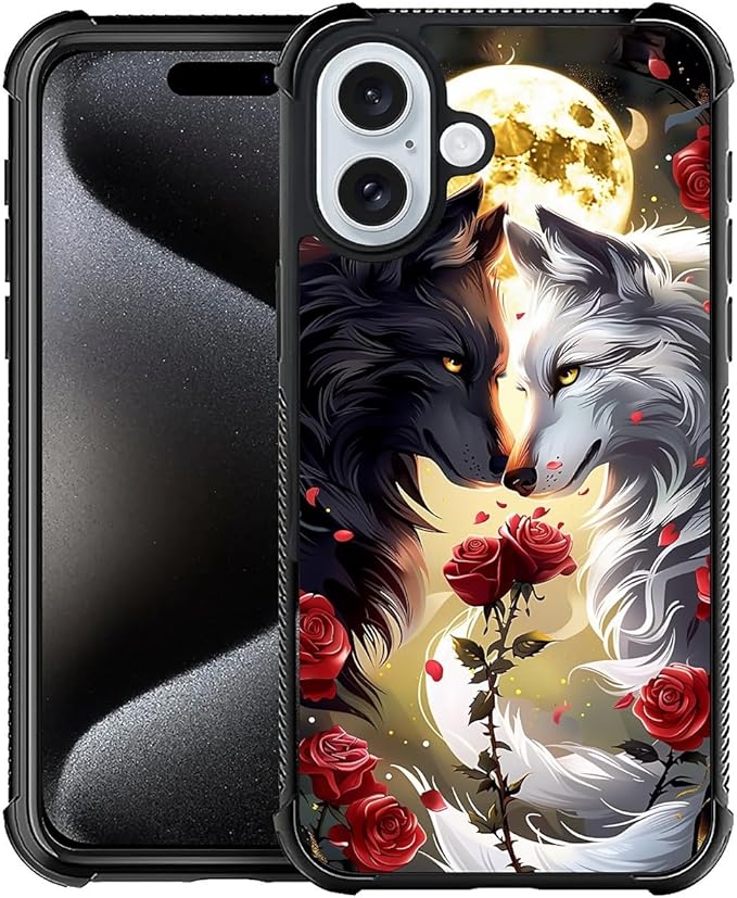 for iPhone 16 Plus Case, Black White Wolf Moon Flower Rose Pattern Graphic Design Girl Boy Soft Silicone Hard Acrylic Shock Protection for iPhone 16 Plus
