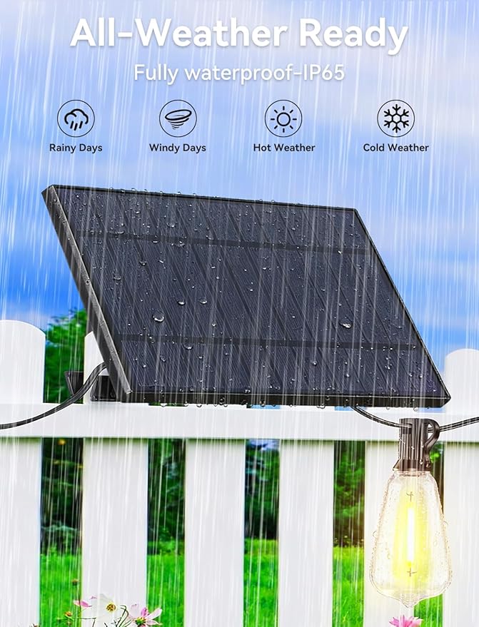 Brightever 120FT Solar String Lights Outdoor Waterproof, Patio Lights Solar Powered with Remote, 50+2 Shatterproof ST38 LED Bulbs, Dimmable&3 Lighting Modes, Hanging Outdoor Lights for Outside, Party