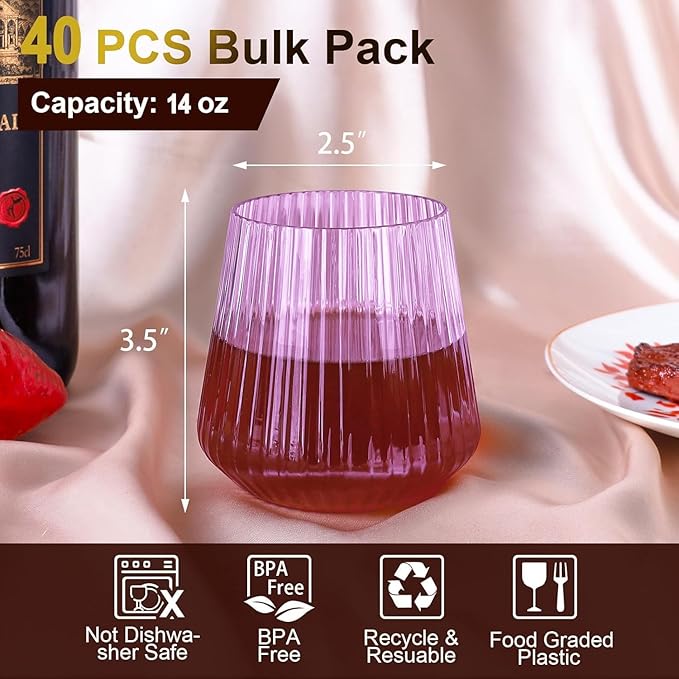 Lueumxc 40 Pack Plastic Ribbed Wine Glasses, 14Oz Origami Disposable Wine Glasses Unbreakable Clear Plastic Cocktail Glasses Recyclable Shatterproof Reusable Wine Cups (14oz-purple-40pack)