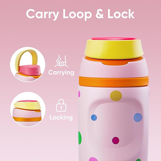 Fijinhom 16 oz Insulated Water Bottle,Stainless Steel Sports Water Bottle with Straw, Double Wall Vacuum Leak Proof, Cold for 24 Hours, BPA Free for Travel, Sport, Outdoor, Polka dot