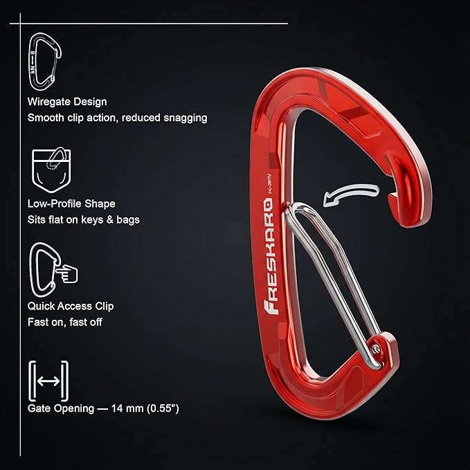 FresKaro 5pcs Nano Carabiner Clips, 8kN 1798lbs, Small Sturdy, Reliable Time-Tested Strong Spring Wiregate, Mini Size 2.37inch, Choice of 5colors