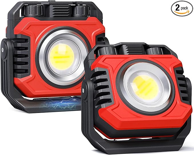 Samyoung 2-Pack 2400LM Magnetic Rechargeable Work Light, Dual-Sided LED Work Light, Up to 80 Hours Runtime, Stepless Dimming 2700K-8000K, Magnetic Flashlight with 360° Rotating Stand, Hook, Red