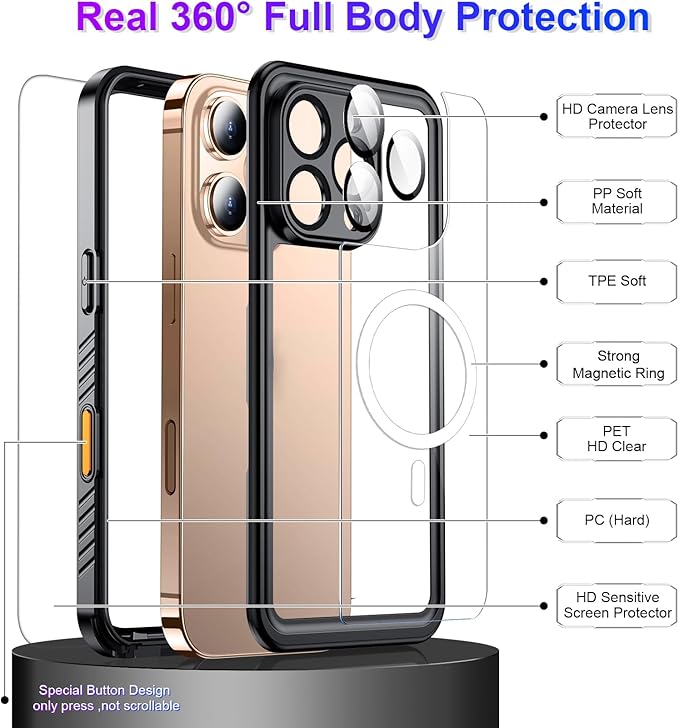Temdan Magnetic Waterproof Compatible with Phone Pro Max Case 6.9 inch 2024-Black/Clear-Mag