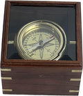 Brass Gimballed Compass in Wooden Box – Antique Nautical Decor & Functional Navigation Tool, 12 x 12 x 9 cm