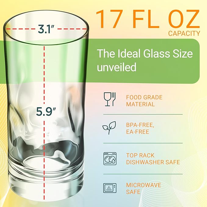 Bravario Unbreakable Plastic Drinking Glasses 17 oz | Dishwasher Safe Shatterproof 100% Tritan Water Tumblers | BPA Free Reusable Outdoor Highball Drinkware | Set of 6