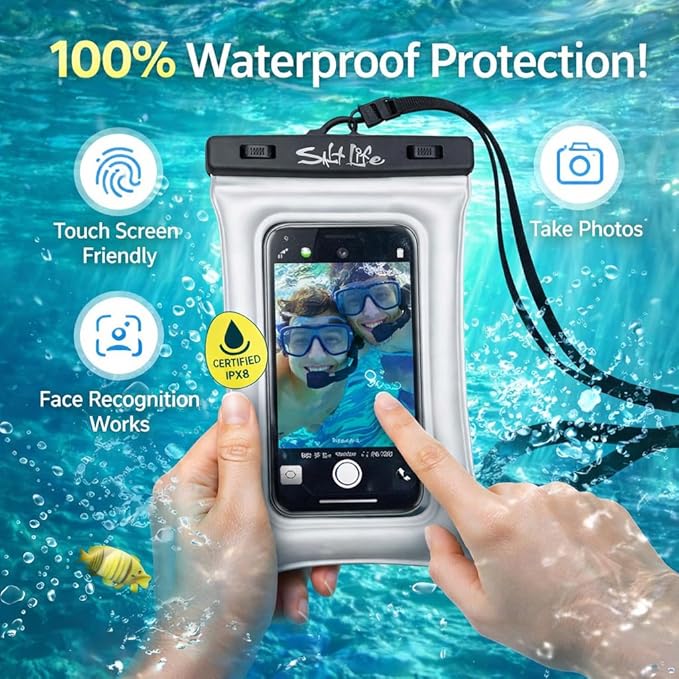 Salt Life Floating Waterproof Phone Case– IPX8 100% Waterproof Phone Case that Floats in Water, Universal Phone Dry Bag with Touchscreen Clear Window, Secure Seal Closure & Lanyard (Purple)