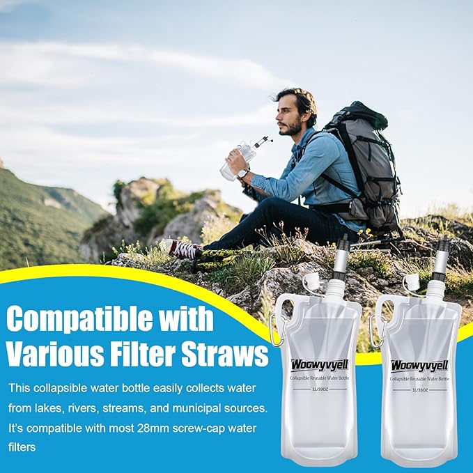 2-Pack 33oz (1L) Collapsible Water Bottles with Mountaineering Buckle, BPA-Free Foldable Travel Bottle for Camping Hiking Running Cycling Mountaineering - Compatible With All 28mm Thread Water Filter