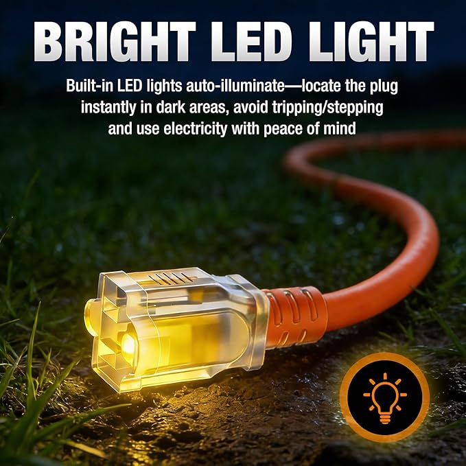 15 FT Outdoor Extension Cord Waterproof, 16/3 Gauge Heavy Duty 3 Prong Power Cord with Lighted Indicator End, 13A 125V 1625W SJTW, ETL Listed, Great for Lawn/Garden/Home(Orange)