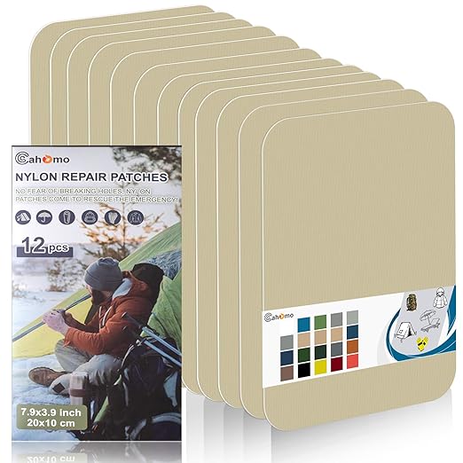 Cahomo 7.9x3.9 inch 12 PCS Nylon Repair Patch Nylon Repair Tape Self Adhesive Fabric Tapes Outdoor Camping Gear Fabric kit for Tent, Umbrella, Down Jackets, Sleeping Bag, Knapsack（Yellow Beige）