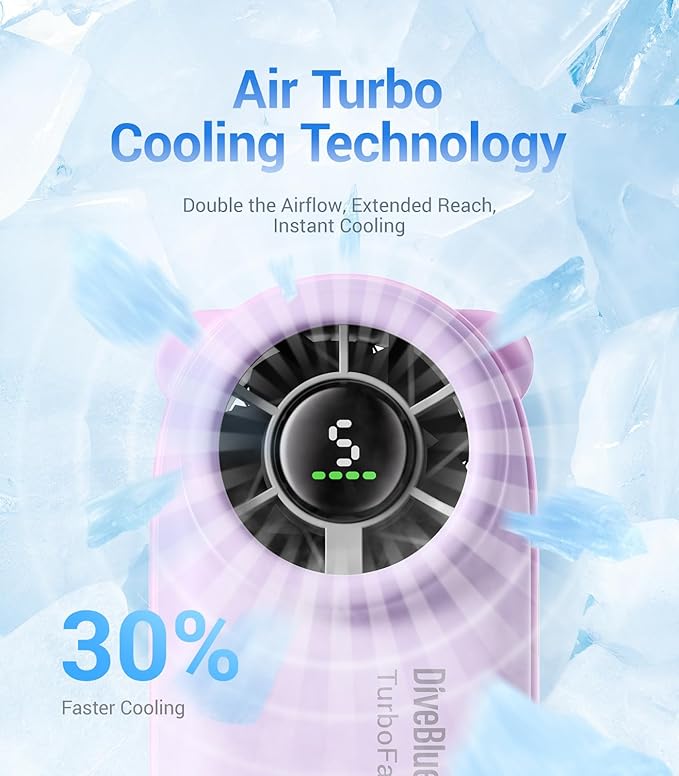 Diveblues Handheld Portable Turbo Fan, 4000mAh USB Rechargeable Pocket Fan, Up to 16 Hours, Hand Fan with 5 Speeds Powerful Cooling for Travel/Summer/Outdoor/Lash/Purse