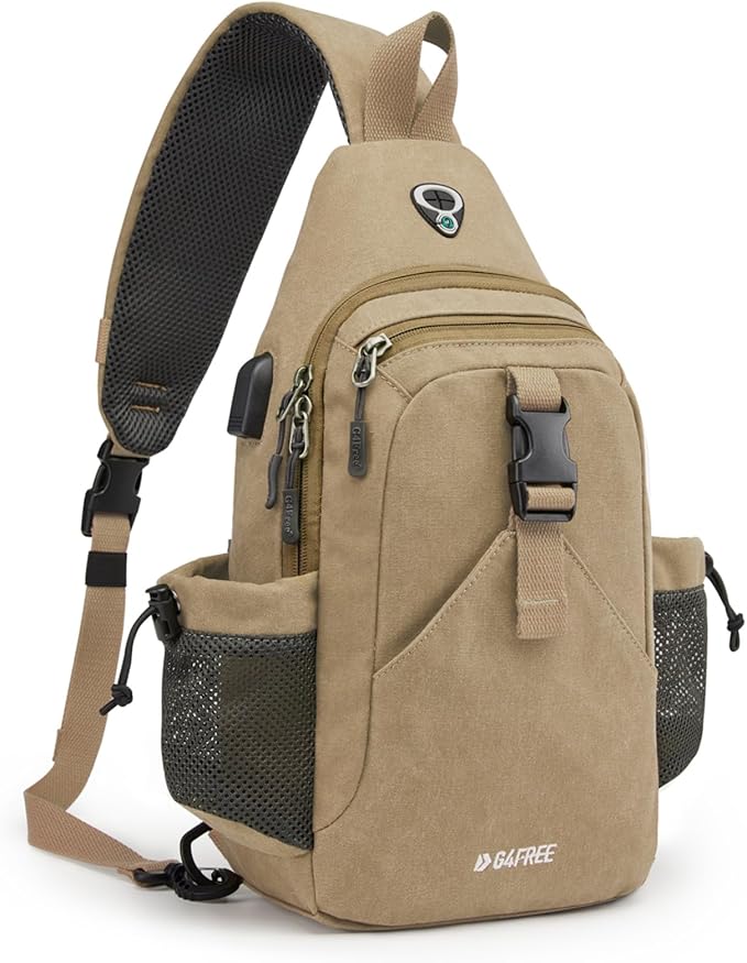 G4Free Canvas Sling Bag Crossbody Backpack with USB Charging Port & RFID Blocking, Hiking Daypack Chest Bag for Women Men